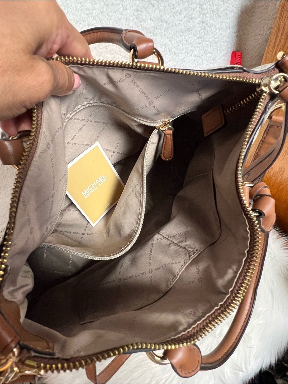 Michael Kors Cream and Brown Signature Satchel with Shoulder Strap - Picture 5 of 9